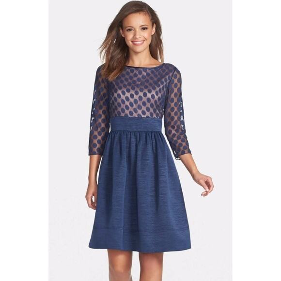 Eliza J Women's Navy Blue Polka Dot Mesh Bodice Dress 3/4 Sleeve Size 2 - Picture 1 of 10